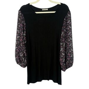 Pebble and Stone Black Floral Patterned Semi Sheer Bell Long Sleeves Blouse